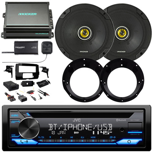 JVC KD-T720BT Single DIN Bluetooth USB/AUX CD Player AM/FM Stereo Receiver W/Install Kit + Interface, 2x 6.75" 300W Max 2-Way Speakers W/Adapters, 2-Channel Amplifier, Satellite Vehicle Tuner Kit