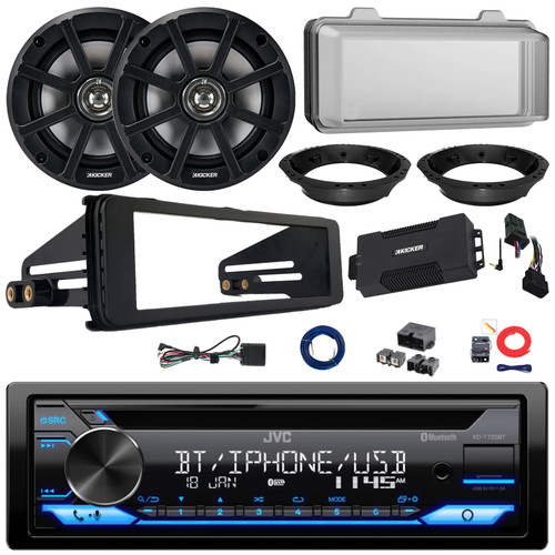 JVC KD-T720BT Single DIN Bluetooth USB/AUX CD Player AM/FM Stereo Receiver w/Install Kit + Radio Cover, 2x 6.5" 120W Max Speakers w/Adapters, Amplifier w/Kit, Wire, Power Block, Handlebar Controls