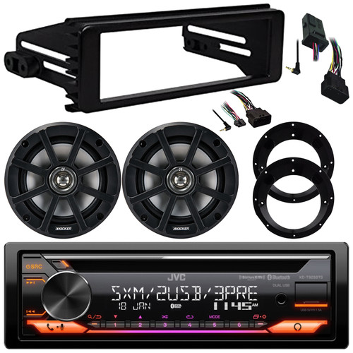 JVC KD-T925BTS Single DIN Bluetooth USB/AUX CD Player AM/FM Radio SiriusXM Ready Stereo Receiver w/Install Kit, 2x 6.5" 120W Max Weather-Proof Coaxial Speakers w/Adapters, Handlebar Control Interface