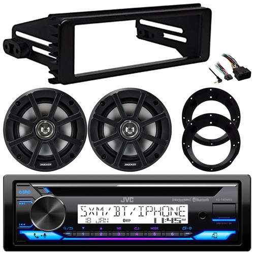 JVC KD-T92MBS Single DIN Marine Bluetooth MotorSports USB/AUX CD Player AM/FM Radio Stereo Receiver w/Install Kit, 2x 6.5" 120W Max Weather-Proof Coaxial Speakers w/Adapters (Bundle Fits 1998-2013 HD)