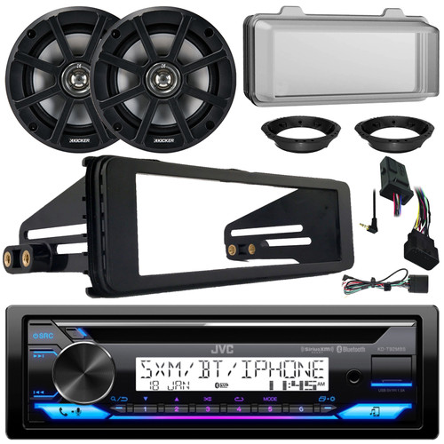 JVC KD-T92MBS Single DIN Marine Bluetooth USB/AUX CD Player AM/FM Radio Stereo Receiver w/Install Kit + Radio Cover, 2x 6.5" 120W Max 4 Ohm Coaxial Speakers w/Adapters, Handlebar Control Interface