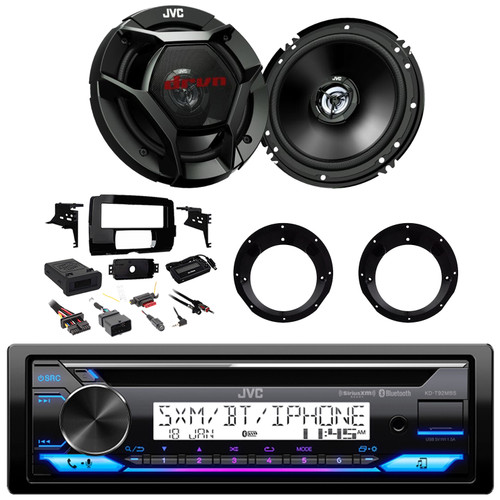 JVC KD-T92MBS Single DIN Marine Bluetooth USB/AUX CD Player AM/FM Radio Stereo Receiver, Complete Stereo Installation Kit With Handlebar Control Interface, 2x 6.5" 300W Max 2-Way Speakers W/Adapters