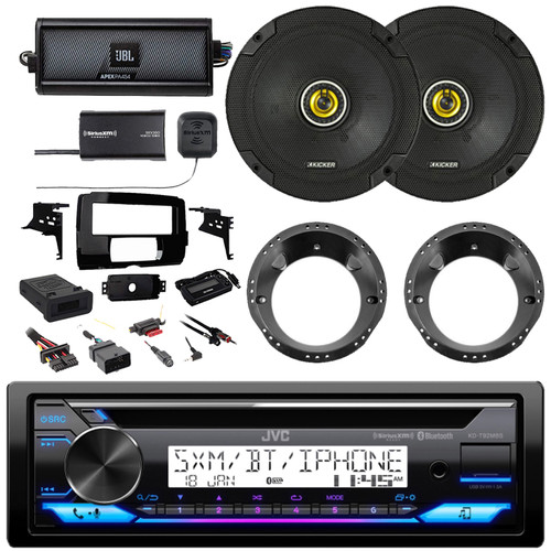 JVC KD-T92MBS Single DIN Marine Bluetooth USB/AUX CD Player AM/FM Stereo Receiver W/Install Kit + Interface, 2x 6.5" 300W Max Speakers W/Adapters, 4-Channel Amplifier, Satellite Vehicle Tuner Kit