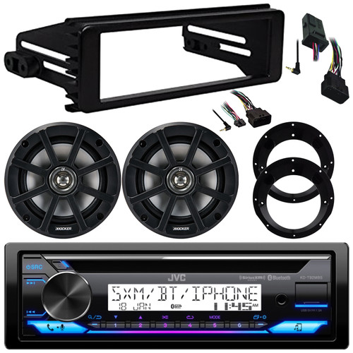 JVC KD-T92MBS Single DIN Marine Bluetooth USB/AUX CD Player AM/FM Radio Stereo Receiver w/Install Kit, 2x 6.5" 120W Max Weather-Proof 4 Ohm Coaxial Speakers w/Adapters, Handlebar Control Interface