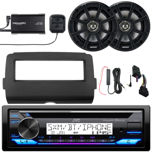 JVC KD-T92MBS Single DIN Marine Bluetooth USB/AUX CD Player AM/FM Radio Stereo Receiver w/Install Kit, 2x 6.5" 120W Max Speakers, Amplifier Booster Kit, Satellite Vehicle Tuner Kit, Handlebar Controls