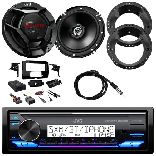 JVC KD-X38MBS Single DIN Marine MotorSports Bluetooth USB/AUX LED AM/FM Radio Stereo Receiver W/Complete Install Kit + Handlebar Control Interface, 2x 6.5" 300W Max 2-Way Speakers W/Adapters, Antenna