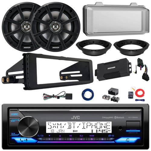 JVC KD-X38MBS Single DIN Marine Bluetooth USB/AUX AM/FM Radio Stereo Receiver w/Install Kit + Radio Cover, 2x 6.5" 120W Max Speakers w/Adapters, Amplifier w/Kit, Wire, Power Block, Handlebar Controls