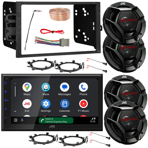 JVC KW-M690BW 6.8" Single DIN Bluetooth USB/MP3 Digital Media Shallow Chassis Receiver w/Install Kit, 4x 6.5" 300W Max Speakers w/Adapters + Speaker Harness, Wiring Harness, Antenna Adapter, Wire