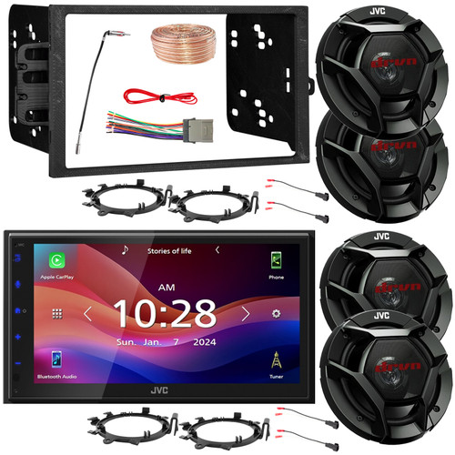 JVC KW-M695BW 6.8" Single DIN Bluetooth USB/MP3 Digital Media Shallow Chassis SiriusXM Receiver w/Install Kit, 4x 6.5" 300W Max Speakers w/Adapters + Harness, Wiring Harness, Antenna Adapter, Wire