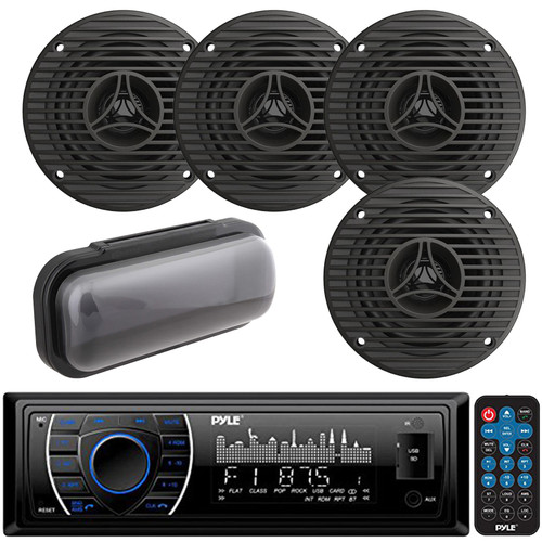 Pyle PLRMR27BTB Single DIN Marine Bluetooth USB/AUX MP3 Player AM/FM Radio In-Dash Stereo Receiver w/Black Cover, 4x 3.5" 75 Watt Peak Power High-Performance Full-Range All-Weather Graphite Speakers