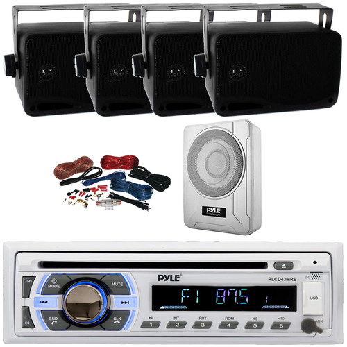 Pyle PLCD43MRB Single DIN Marine Bluetooth USB/AUX MP3 Player AM/FM Radio In-Dash Stereo Radio Head unit Receiver, 4x 3.5'' 200W Max Indoor/Outdoor Speakers, 8” 600W Max Under-Seat Subwoofer W/Kit