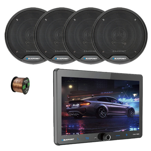 Blaupunkt CALI 1000 10.1" Touchscreen Single DIN Bluetooth GPS/WiFi AM/FM Radio Digital Multimedia Receiver, 4x 5" 40 Watt Max Power 2-Way Car Audio Speakers, 50 Feet 16 Gauge Speaker Wire
