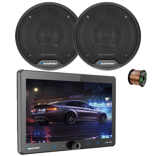 Blaupunkt CALI 1000 10.1" Touchscreen Single DIN Bluetooth GPS/WiFi AM/FM Radio Digital Multimedia Receiver, 2x 5" 40 Watt Max Power 2-Way Car Audio Speakers, 50 Feet 16 Gauge Speaker Wire
