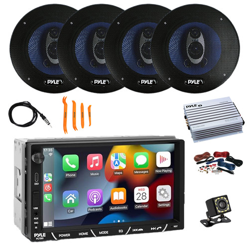 Pyle PLTS81 7" HD Touchscreen Double Din Bluetooth AM/FM Stereo Receiver, Night Vision Backup Camera, 4x 5.25'' 200W 3-Way Audio Speakers, Amplifier w/Wiring Kit, Antenna, Pry Tool
