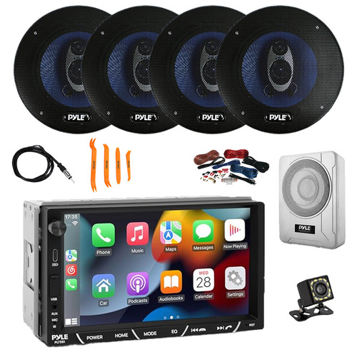 Pyle PLTS81 7" HD Touchscreen Double Din Bluetooth AM/FM Stereo Receiver, Night Vision Backup Camera, 4x 5.25'' 200W 3-Way Audio Speakers, 8" Amplified Subwoofer w/Wiring Kit (Grey), Antenna, Pry Tool