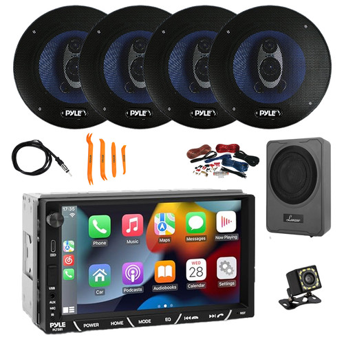 Pyle PLTS81 7" HD Touchscreen Double Din Bluetooth AM/FM Stereo Receiver, Night Vision Backup Camera, 4x 6.5'' 360W 3-Way Audio Speakers, 8" Amplified Subwoofer w/Install Kit, Antenna, Pry Tool