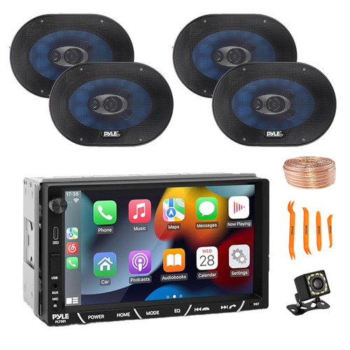 Pyle PLTS81 7" HD Touchscreen Double Din Bluetooth AM/FM Stereo Receiver, Night Vision Backup Camera, 4x 6x9'' 400W 4-Way Audio Speakers, Wire, Pry Tool