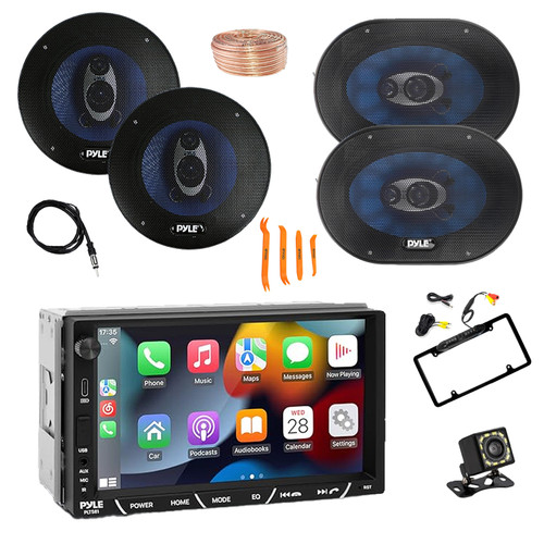 Pyle PLTS81 7" HD Touchscreen Double Din Bluetooth AM/FM Stereo Receiver, Backup Camera + License Plate Rear Camera, 2x 6.5'' 360W Audio Speakers + 2x 6x9" 400W Audio Speakers, Wire, Antenna, Pry Tool