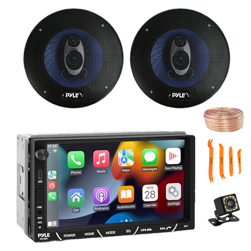 Pyle PLTS81 7" HD Touchscreen Double Din Bluetooth AM/FM Stereo Receiver, Night Vision Backup Camera, 2x 6.5'' 360W 3-Way Audio Speakers, Wire, Pry Tool