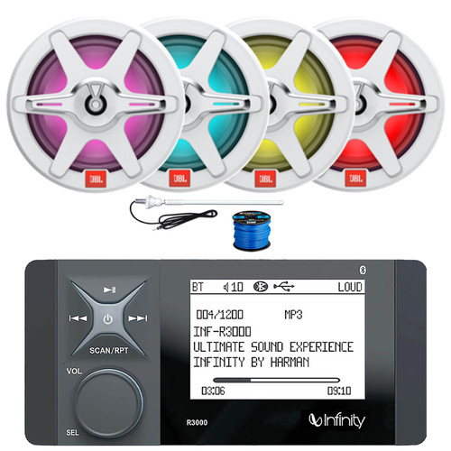 Infinity R3000 Wake Series Marine Bluetooth USB/AUX AM/FM Radio Digital Media Stereo Receiver, 4x 7.7" 255W Max 2-Way RGB LED Boat Black Speakers w/White + Gray Grilles, Radio Antenna, Speaker Wire