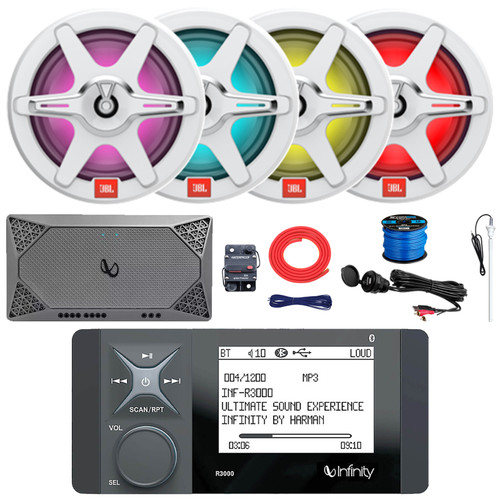 Infinity R3000 Wake Series Marine Bluetooth USB/AUX AM/FM Radio Digital Media Stereo Receiver, 4x 7.7" 255W Max 2-Way RGB LED Speakers w/Grilles, 4-Channel Amplifier w/Kit, USB Adapter, Antenna, Wire