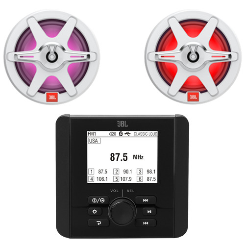 JBL JAM3000 Marine Bluetooth USB AM/FM Radio Gauge Style Receiver, 2x JBL JBLMARSPKCB772 7.7" 255 Watt Max Power 2-Way RGB LED Boat Audio Black Speakers w/White + Gray Grilles