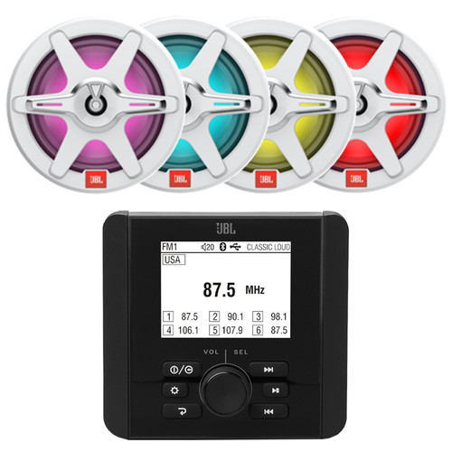 JBL JAM3000 Marine Bluetooth USB AM/FM Radio Gauge Style Receiver, 4x JBL JBLMARSPKCB772 7.7" 255 Watt Max Power 2-Way RGB LED Boat Audio Black Speakers w/White + Gray Grilles