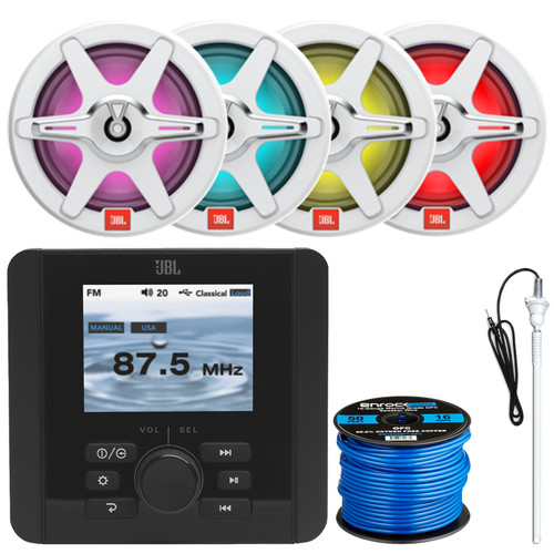 JBL JAM5000N Marine Bluetooth USB/AUX AM/FM Radio Gauge Style Digital Media Receiver, 4x 7.7" 255W Max Power 2-Way RGB LED Boat Audio Black Speakers w/White + Gray Grilles, Radio Antenna, Speaker Wire