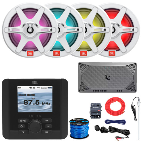 JBL JAM5000N Marine Bluetooth USB/AUX AM/FM Radio Gauge Style Digital Media Receiver, 4x 7.7" 255W Max 2-Way RGB LED Black Speakers w/Grilles, 4-Channel Amplifier w/Kit, USB Adapter, Antenna, Wire