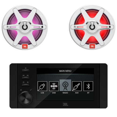 JBL JAM6500N 4.3" LCD Color Marine Bluetooth USB/AUX AM/FM Radio Gauge Style SiriusXM Ready Receiver, 2x 7.7" 255 Watt Max Power 2-Way RGB LED Boat Audio Black Speakers w/White + Gray Grilles