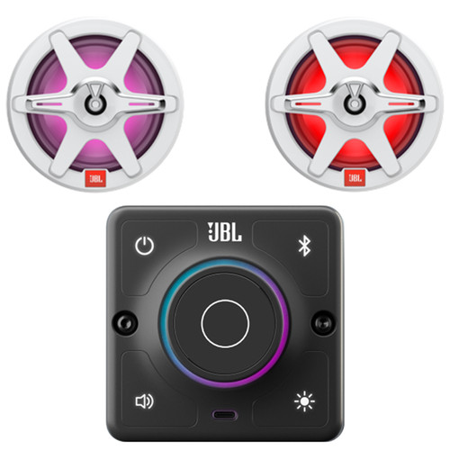 JBL AURA-BT-M Marine Bluetooth 2-Way Compact High-Performance Stereo Receiver, 2x JBL JBLMARSPKCB772 7.7" 255 Watt Max Power 2-Way RGB LED Boat Audio Black Speakers w/White + Gray Grilles