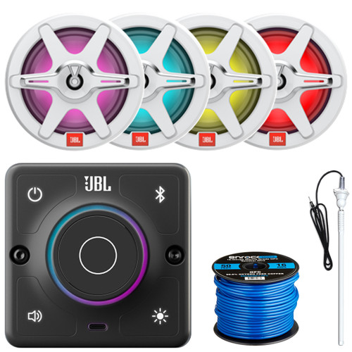 JBL AURA-BT-M Marine Bluetooth 2-Way Compact High-Performance Stereo Receiver, 4x 7.7" 255 Watt Max Power 2-Way RGB LED Boat Audio Black Speakers w/White + Gray Grilles, Radio Antenna, Speaker Wire