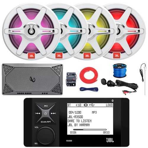 JBL R3500 4" LCD Screen Marine Bluetooth USB/AUX AM/FM Radio Weather-Resistant Digital Media Stereo Receiver, 4x 7.7" 255W Max RGB LED Speakers, 4-Channel Amplifier w/Kit, USB Adapter, Antenna, Wire