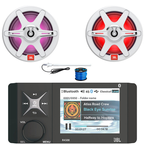 JBL R4500 Wake Series 4" Color LCD Display Marine Bluetooth USB/AUX WB AM/FM Radio Digital Media Stereo Receiver, 2x 7.7" 255W Max 2-Way RGB LED Boat Speakers w/Grilles, Radio Antenna, Speaker Wire