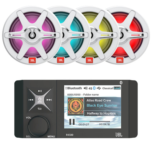 JBL R4500 Wake Series 4" Color LCD Display Marine Bluetooth USB/AUX WB AM/FM Radio Digital Media Stereo Receiver, 4x 7.7" 255W Max Power 2-Way RGB LED Boat Audio Black Speakers w/White + Gray Grilles