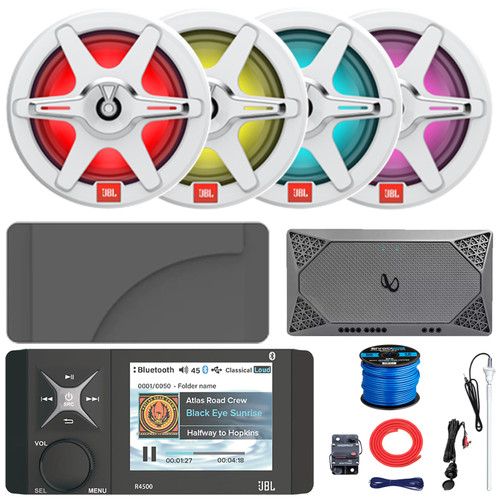 JBL R4500 Wake Series 4" Marine Bluetooth USB/AUX WB AM/FM Radio Digital Media Stereo Receiver w/Gray Cover, 4x 7.7" 255W Max RGB LED Speakers, 4-Channel Amplifier w/Kit, USB Adapter, Antenna, Wire