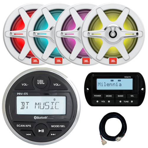 JBL PRV-175 Marine Bluetooth USB/AUX AM/FM Radio Gauge Style Digital Media Stereo Receiver w/Wired Remote + Extension Cable, 4x 7.7" 255W Max Power 2-Way RGB LED Marine Audio Black Speakers w/Grilles