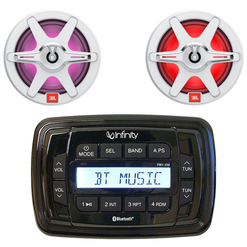Infinity Marine PRV250 Marine Bluetooth AM/FM Radio Digital Media Black Stereo Receiver, 2x JBL JBLMARSPKCB772 7.7" 255 Watt Max Power 2-Way RGB LED Boat Audio Black Speakers w/White + Gray Grilles
