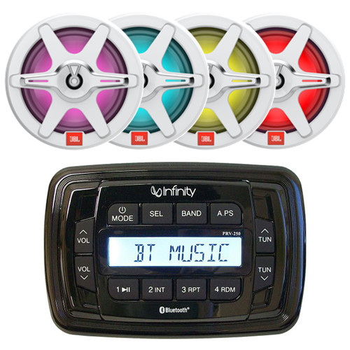 Infinity Marine PRV250 Marine Bluetooth AM/FM Radio Digital Media Black Stereo Receiver, 4x JBL JBLMARSPKCB772 7.7" 255 Watt Max Power 2-Way RGB LED Boat Audio Black Speakers w/White + Gray Grilles