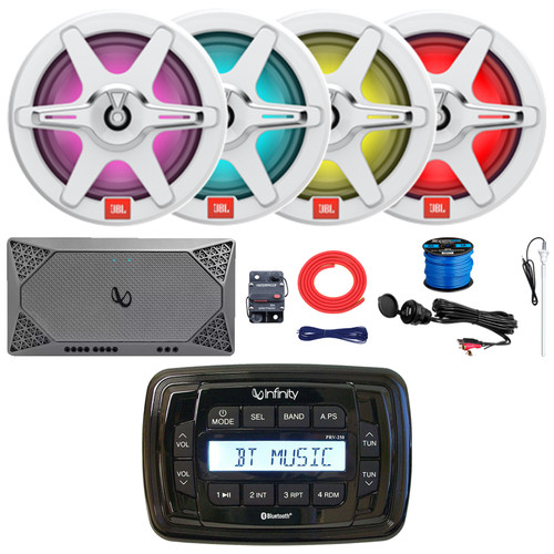 Infinity Marine PRV250 Marine Bluetooth AM/FM Radio Digital Media Black Stereo Receiver, 4x 7.7" 255W Max 2-Way RGB LED Black Speakers w/Grilles, 4-Channel Amplifier w/Kit, USB Adapter, Antenna, Wire