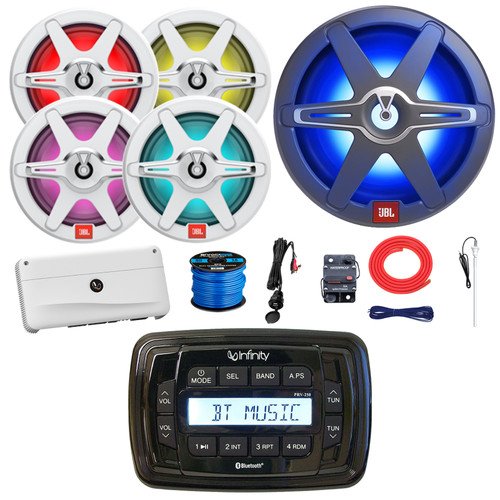 Infinity Marine PRV250 Marine Bluetooth AM/FM Radio Digital Media Black Stereo Receiver, 4x 7.7" 255W Max RGB LED Speakers, 10" 900W Max Subwoofer, 5-Channel Amplifier w/Kit, Adapter, Antenna, Wire