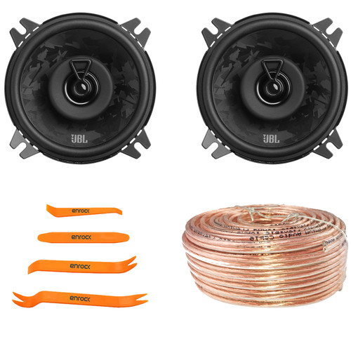 One Pair (QTY 2) Of JBL Stage3 48F 4" 400 Watt Max Power 2-Way Coaxial Car Audio Speakers, 50 Feet 18 Gauge Speaker Wire, 4-Piece Car Door Trim Panel Dash Stereo Radio Installer Removal Pry Tool Set