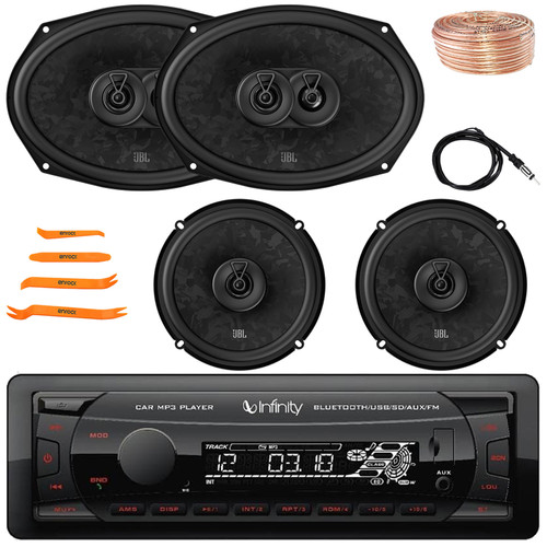 Infinity Alpha 100 Single DIN Bluetooth USB/AUX SD MP3 Player FM Radio Digital Media Car Audio Receiver, 2x 6x9" 640W Max 3-Way Speakers, 2x 6.5" 560W Max 2-Way Speakers, Wire, Antenna, Pry Tool Set