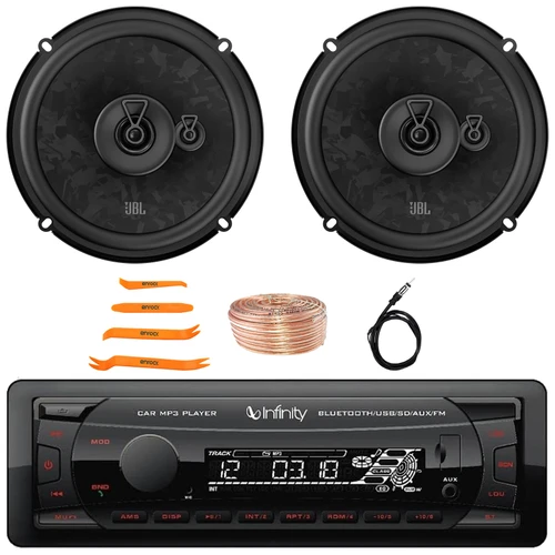 Infinity Alpha 100 Single DIN Bluetooth USB/AUX SD MP3 Player FM Radio Digital Media Car Audio Receiver, 2x 6.5" 560 Watt Max Power 3-Way Automotive Speakers, Speaker Wire, Radio Antenna, Pry Tool Set
