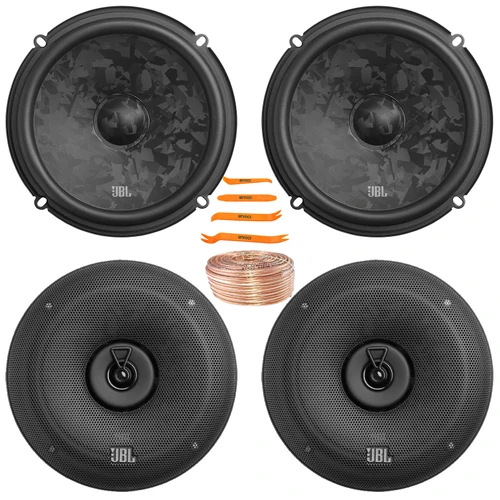 2x JBL Stage3 68CF 6.5" 760 Watt Max Power 2-Way Component Car Audio Speakers, 2x JBL STAGE3 68 6.5" 560W Max Power Coaxial Automotive Speakers With Grille, 50 Feet 18 Gauge Speaker Wire, Pry Tool Set