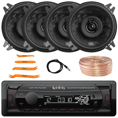Infinity Alpha 100 Single DIN Bluetooth USB/AUX SD MP3 Player FM Radio Digital Media Car Audio Receiver, 4x 4" 400 Watt Max 2-Way Coaxial Automotive Speakers, Speaker Wire, Radio Antenna, Pry Tool Set