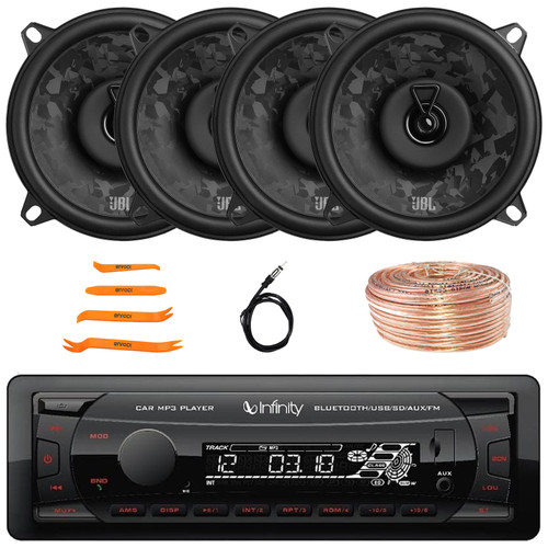 Infinity Alpha 100 Single DIN Bluetooth USB/AUX SD MP3 Player FM Radio Digital Media Car Audio Receiver, 4x 5.25" 480W Max 2-Way Coaxial Automotive Speakers, Speaker Wire, Radio Antenna, Pry Tool Set