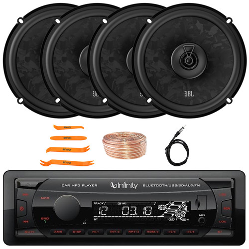 Infinity Alpha 100 Single DIN Bluetooth USB/AUX SD MP3 Player FM Radio Digital Media Car Audio Receiver, 4x 6.5" 560W Max 2-Way Coaxial Automotive Speakers, Speaker Wire, Radio Antenna, Pry Tool Set