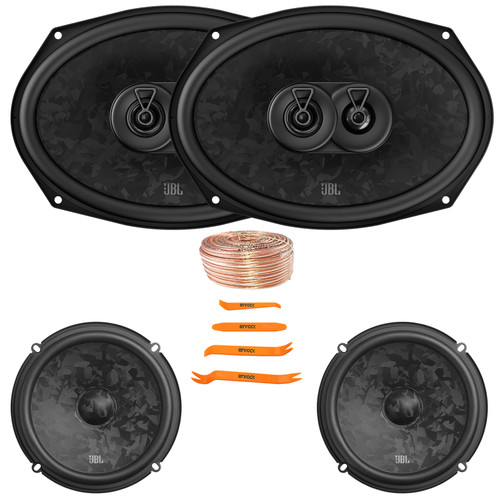 2x JBL Stage3 968MF 6x9" 640 Watt Max Power 3-Way Car Audio Speakers, 2x JBL Stage3 68CF 6.5" 760 Watt Max Power 2-Way Component Automotive Speakers, 50 Feet 18 Gauge Speaker Wire, Pry Tool Set