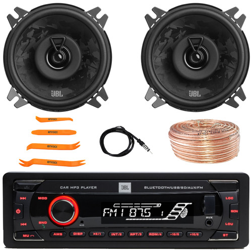 JBL Celebrity100 Single DIN Bluetooth USB/AUX SD/MP3 FM Radio High Power Meshless Car Audio Stereo Receiver, 2x 4" 400 Watt Max 2-Way Coaxial Automotive Speakers, Speaker Wire, Antenna, Pry Tool Set